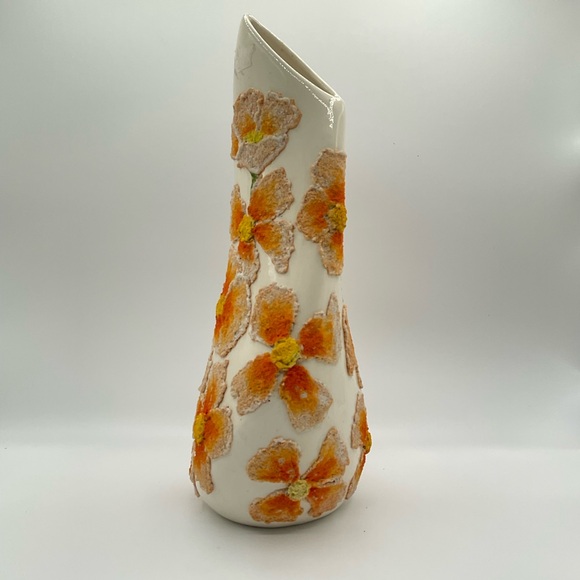 Vintage‎ Ceramic Vase Handmade 1987 Joan Muss Cream Orange Flowers Lava Textured - Picture 4 of 10